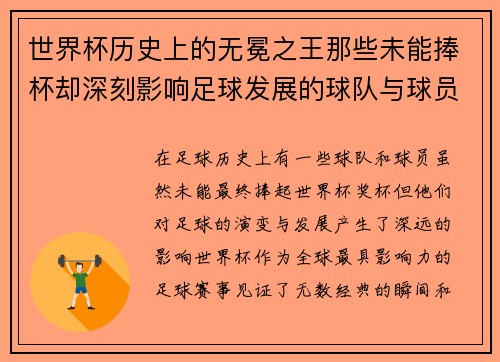 世界杯历史上的无冕之王那些未能捧杯却深刻影响足球发展的球队与球员